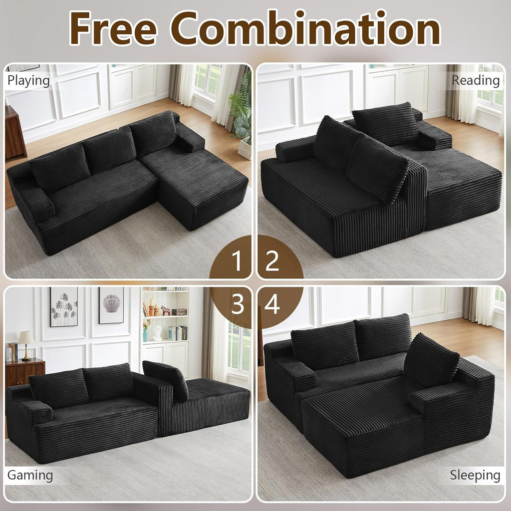 96" Cloud Sectional Sofa, Boneless Couch for Living Room, Modular Sectional Sofa with Deep Seat, Fluffy Comfy Corduroy Couch with L-Shaped Chaise, No Assembly Required (Black, Right Facing)
