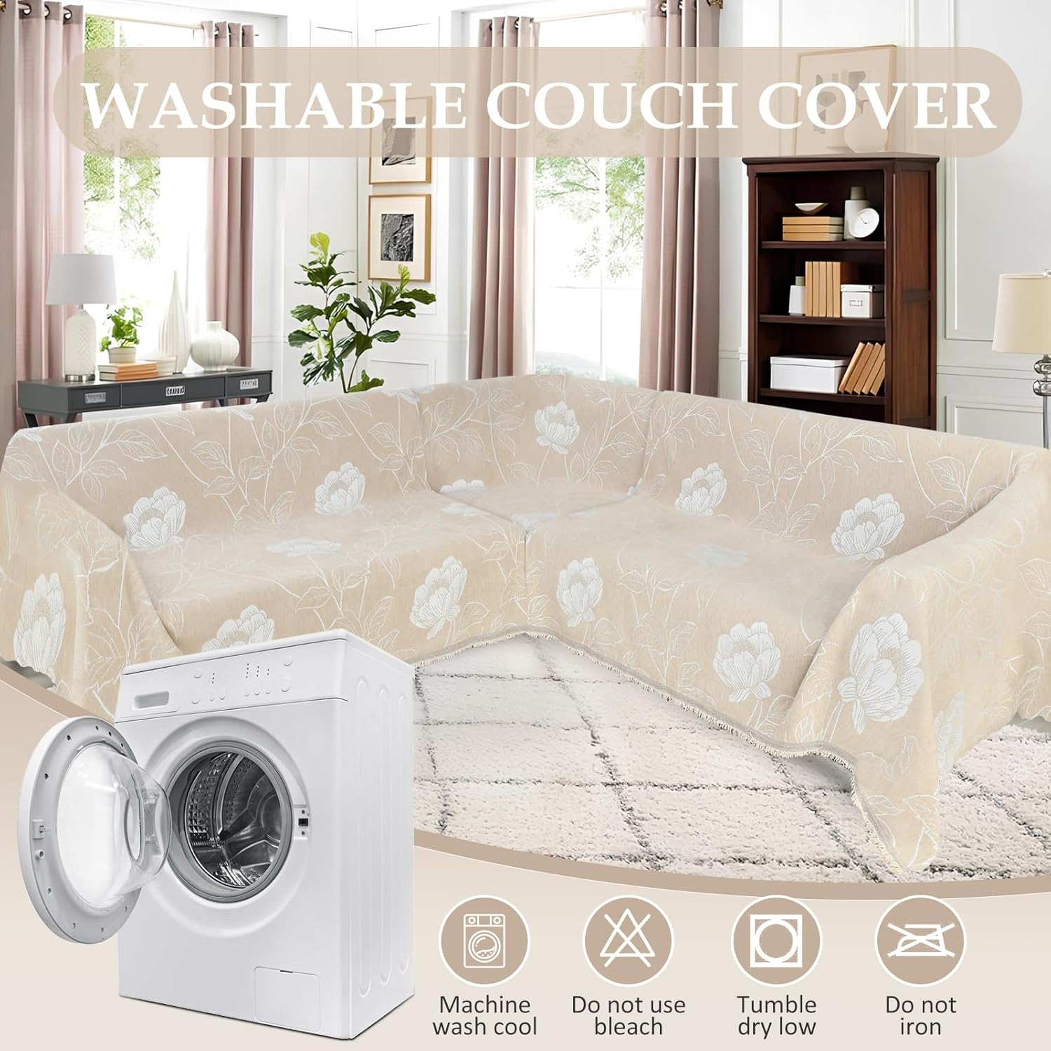 1OO% Waterproof Sectional Couch Covers for Dogs L Shaped Corner Sofa Cover Washable Chenille Sofa Slipcovers Blanket Modern Jacquard Pet Furniture Protector (91"x252", Beige Flower)