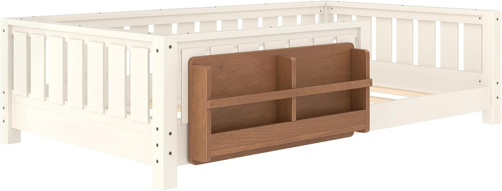 Bellemave Twin Floor Bed with Slats and Safety Guardrail, Twin Size Montessori Floor Bed with Fence and Built-in Bookshelf, Easy Assemble Montessori Beds for Kids, Girls, Boys, Beige