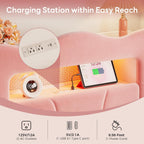 LIKIMIO Twin Upholstered LED Bed Frame with 2 Storage Drawers and Bookcase Storage Headboard, Velvet Princess Platform Bed with Charging Station, Heavy Duty Metal Support, No Box Spring Needed, Pink