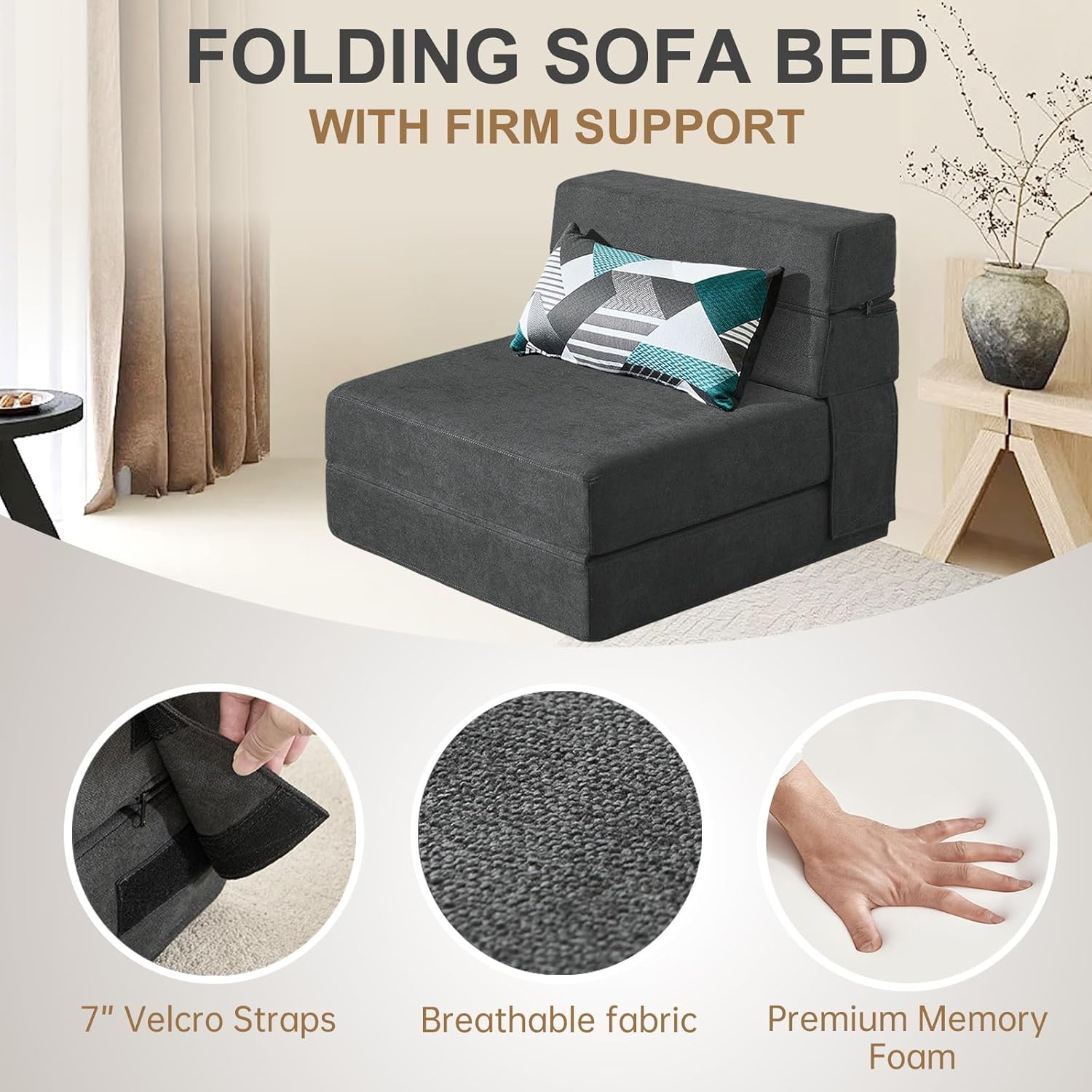Nigoone Folding Sofa Bed Single Size with Pillow Memory Foam Convertible Sleeper Chair Floor Couch Futon Lazy for Living Room Home Office Guest Beds Apartment Upstairs Loft, Dark Gray