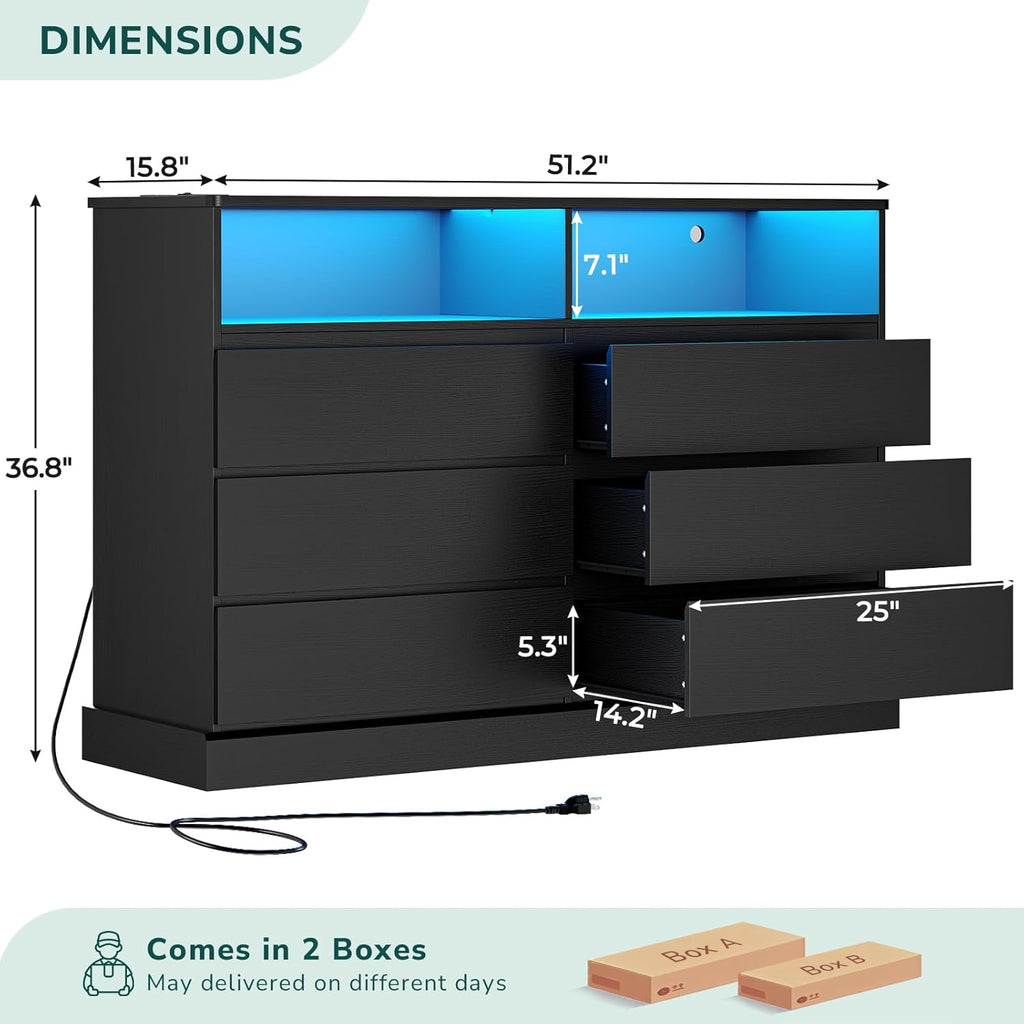 Hasuit Black Dresser for Bedroom with LED Lights and Charging Station, 51.2" Long Dressers Chest of Drawer with Large Drawers and Open Space, Modern 6 Drawer Dresser for Bedroom, Living Room, Entryway