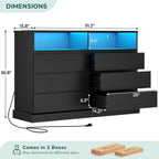 Hasuit Black Dresser for Bedroom with LED Lights and Charging Station, 51.2" Long Dressers Chest of Drawer with Large Drawers and Open Space, Modern 6 Drawer Dresser for Bedroom, Living Room, Entryway