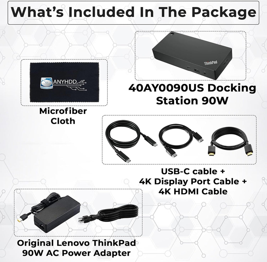 40AY0090US Lenovo Thinkpad Docking Station Dual Monitor - Supports 4K Display  Thinkpad Dock with 90W Adapter  HDMI  DisplayPort  USB C Cables & Cloth - Lenovo Docking Station