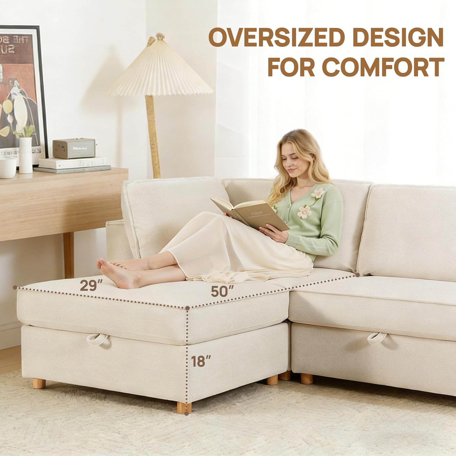 99" Chenille Modular Sectional Sofa Bed Hidden Storage, Convertible L U Shaped Sleeper Couch, 6 Seat Modern Modular Sectional Sofa with Washable Covers & Ottoman Chaise, for Living Room, Beige