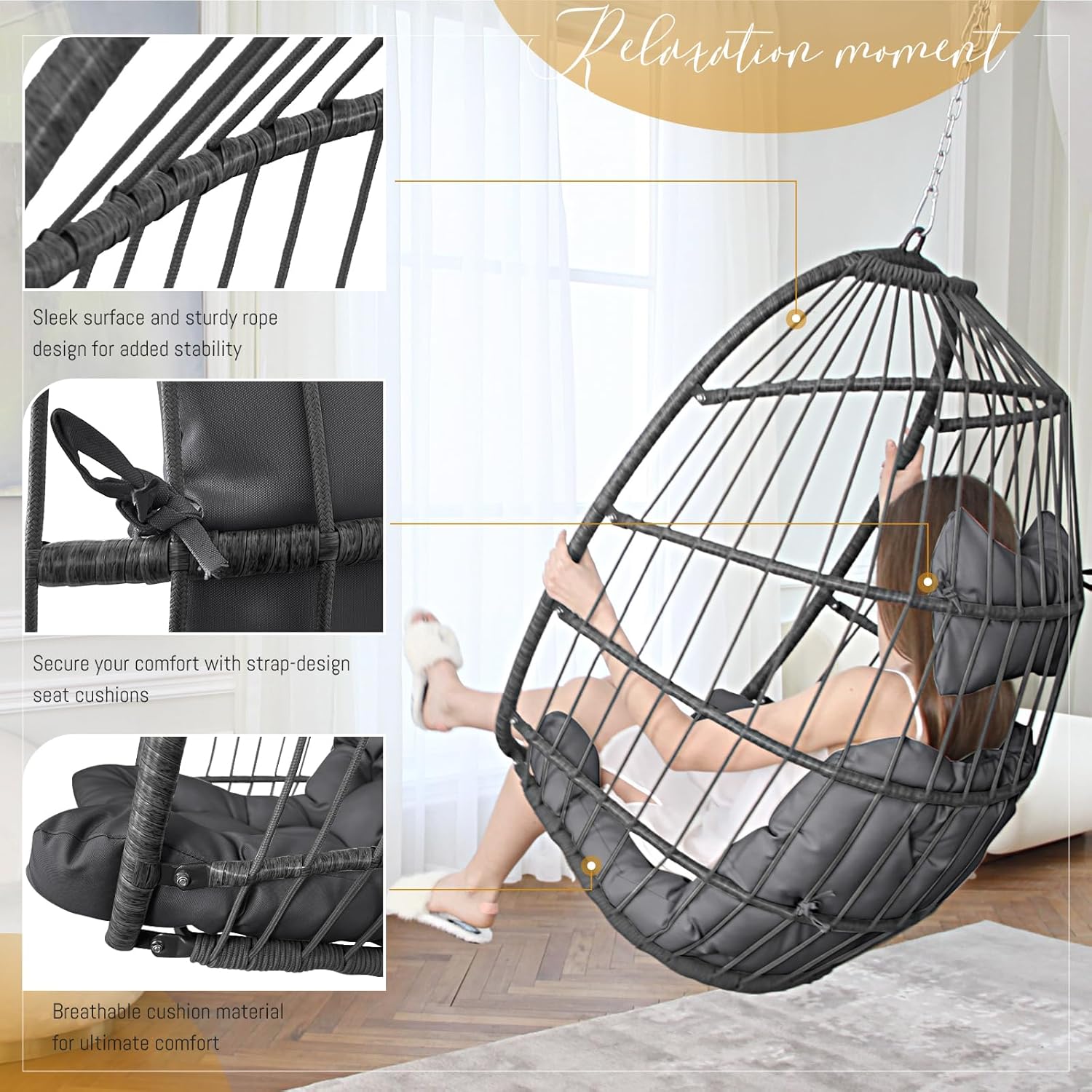 BULEXYARD Outdoor Egg Chair Without Stand, 350 Lbs Foldable Weather-Resistant Rattan Hanging Hammock with Cushion, Cozy Swing Basket Seat for Bedroom Balcony Patio Pergola Tree Mount, Dark Grey