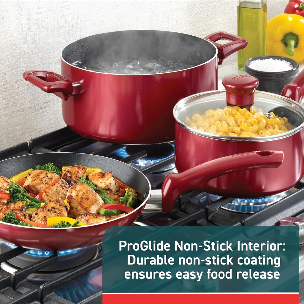 T-fal Essentials Non-Stick Pots and Pans Cookware 10 Piece Set, Red