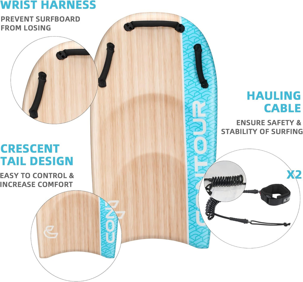 Contour Surf DuoSlider 45'' Body Board Bodyboards with Handles Surfboards for Two Person Parent-Child Surfing Bodyboard for Big Guys Dual Riders Hand Held Body Boards for Beach Adults