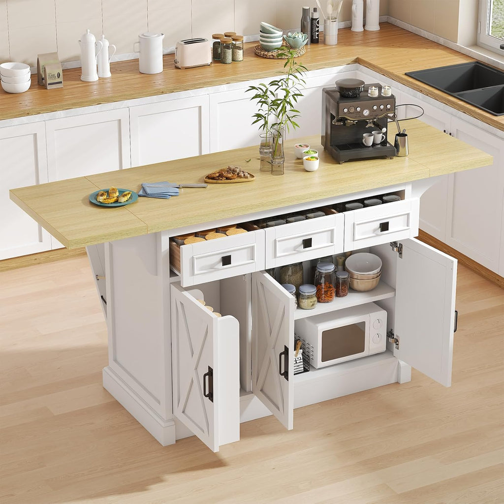 Bigbiglife 71.3" Large Kitchen Island with Drop Leaf, Power Outlet, Kitchen Island Cart w/ 3 Solid Drawers, Island Table with Trash Storage Cabinet & 3 Large Storage Rack, Spice Rack, White