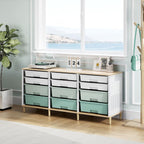 12 Drawers Storage Cabinet with Wooden Top and Plastic Bins, Toy Storage Organizer Toy Shelf Storage Chest Cubby Organizer for Home, Office, Playroom, Classroom & Craft Room Storage (Green)