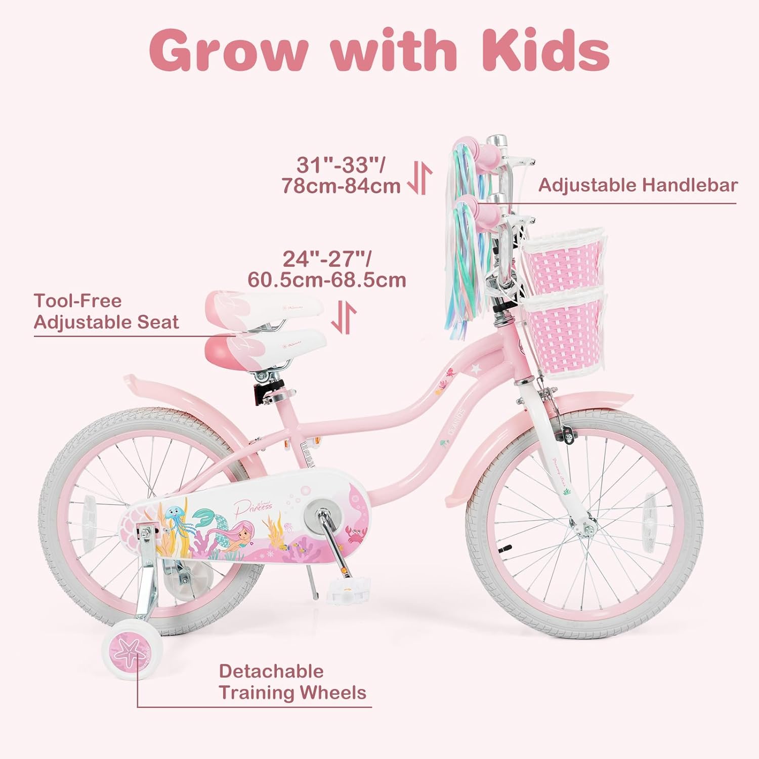 Olakids Kids Bike, 12 14 16 18 20 Inch Mermaid Theme Girls Bicycle with Training Wheels Basket Adjustable Seat and Handlebar Dual Brake