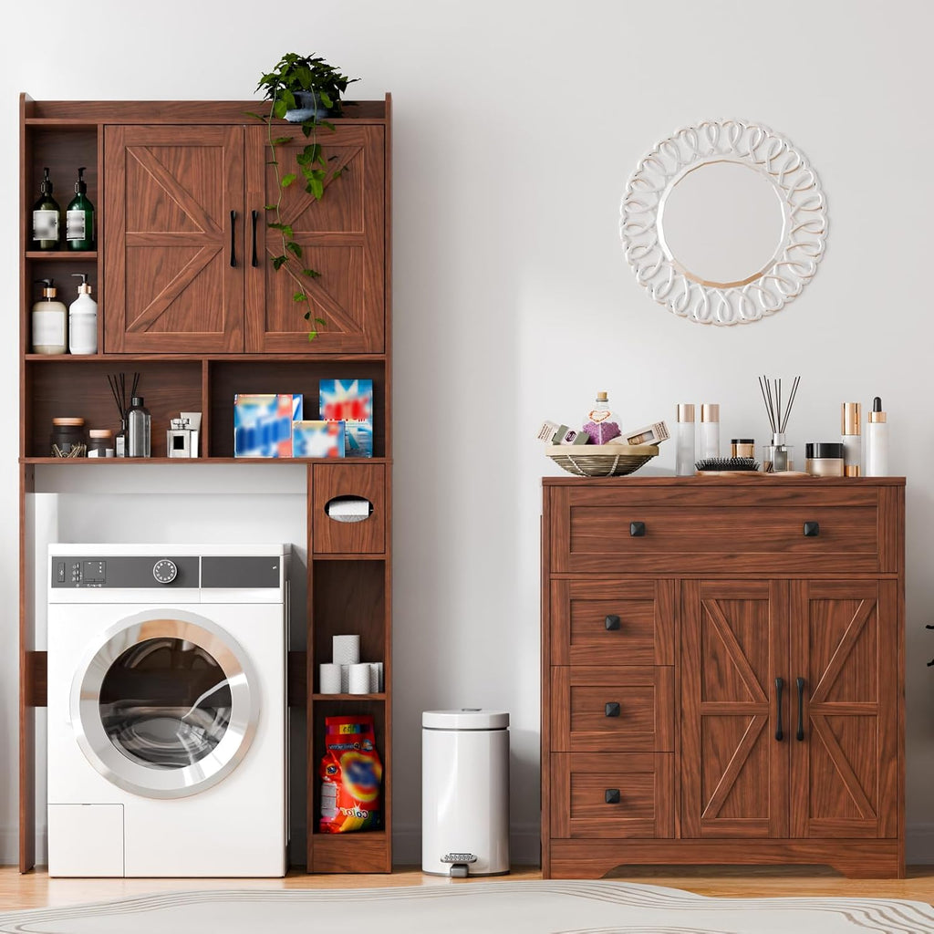 Vabches Farmhouse Storage Cabinet with 2 Doors and 4 Drawers, Freestanding Bathroom Storage Cabinet Kitchen Pantry, Floor Hutch Cupboard for Living Room/Bathroom/Kitchen,Walnut