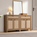 SICOTAS Sideboard Buffet Cabinet Set of 2, Rattan Credenza Storage Cabinet, Boho Buffet Table Console Cabinets with Drawer, Farmhouse Coffee Bar for Entryway Living Room, Natural Oak