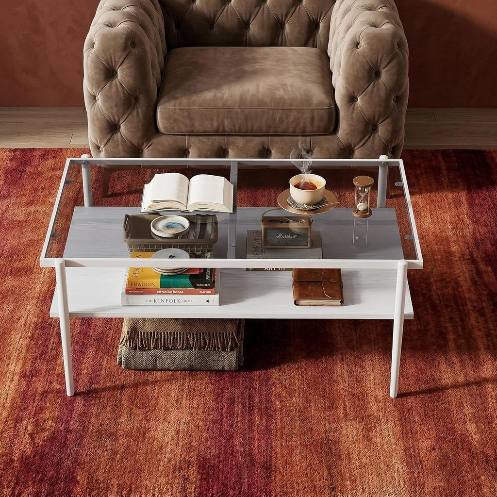 Casaphoria Rectangle Coffee Table with Gray Tempered Glass Top, Modern 2-Tier Center Cocktail Table with White Metal Legs and Wood MDF Storage Shelf for Living Room Apartment, 38 Inch, 220 LBS