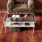 Casaphoria Rectangle Coffee Table with Gray Tempered Glass Top, Modern 2-Tier Center Cocktail Table with White Metal Legs and Wood MDF Storage Shelf for Living Room Apartment, 38 Inch, 220 LBS