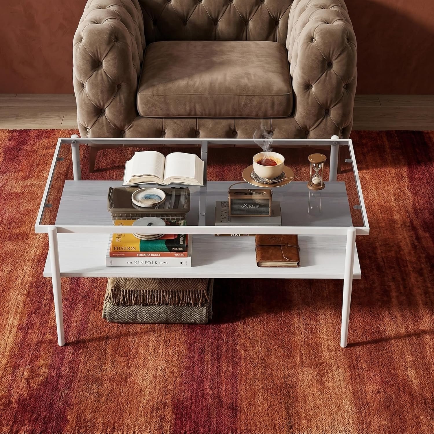 Casaphoria Rectangle Coffee Table with Gray Tempered Glass Top, Modern 2-Tier Center Cocktail Table with White Metal Legs and Wood MDF Storage Shelf for Living Room Apartment, 38 Inch, 220 LBS