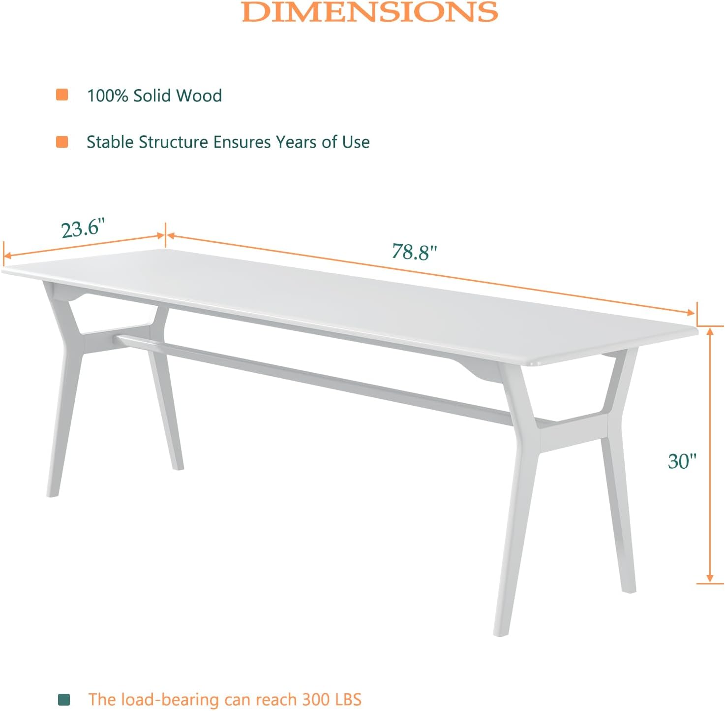Solid Wood Study Desk - 78.8" Double Long Computer Table for Home Office, 2-Person PC Workstation, White