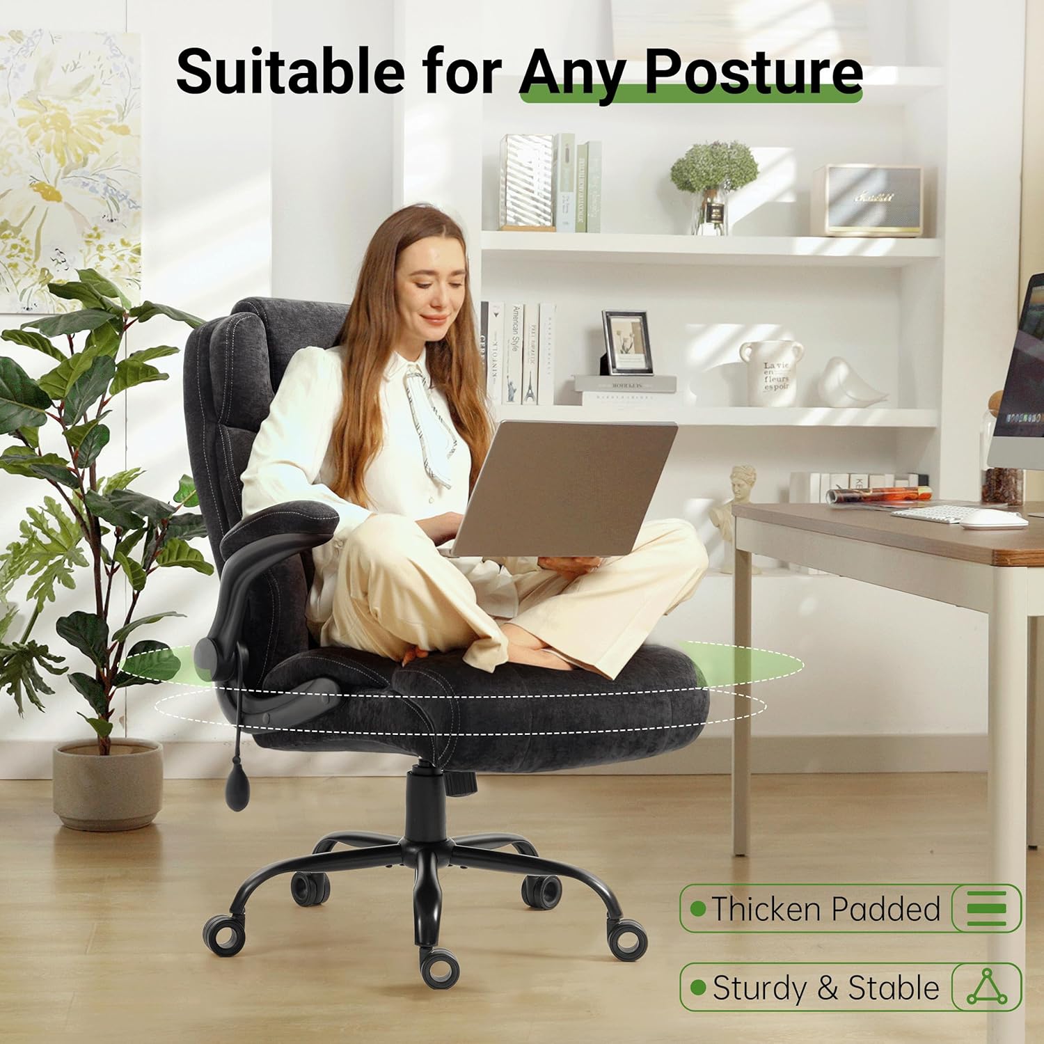 Office Chair, Big and Tall Executive Chairs with Lumbar Support for Back Pain, Breathable Fabric Desk Computer Chair with Adjustable Flip-up Armrests,Wide Cushion Swivel Home Office Chair Black,Black