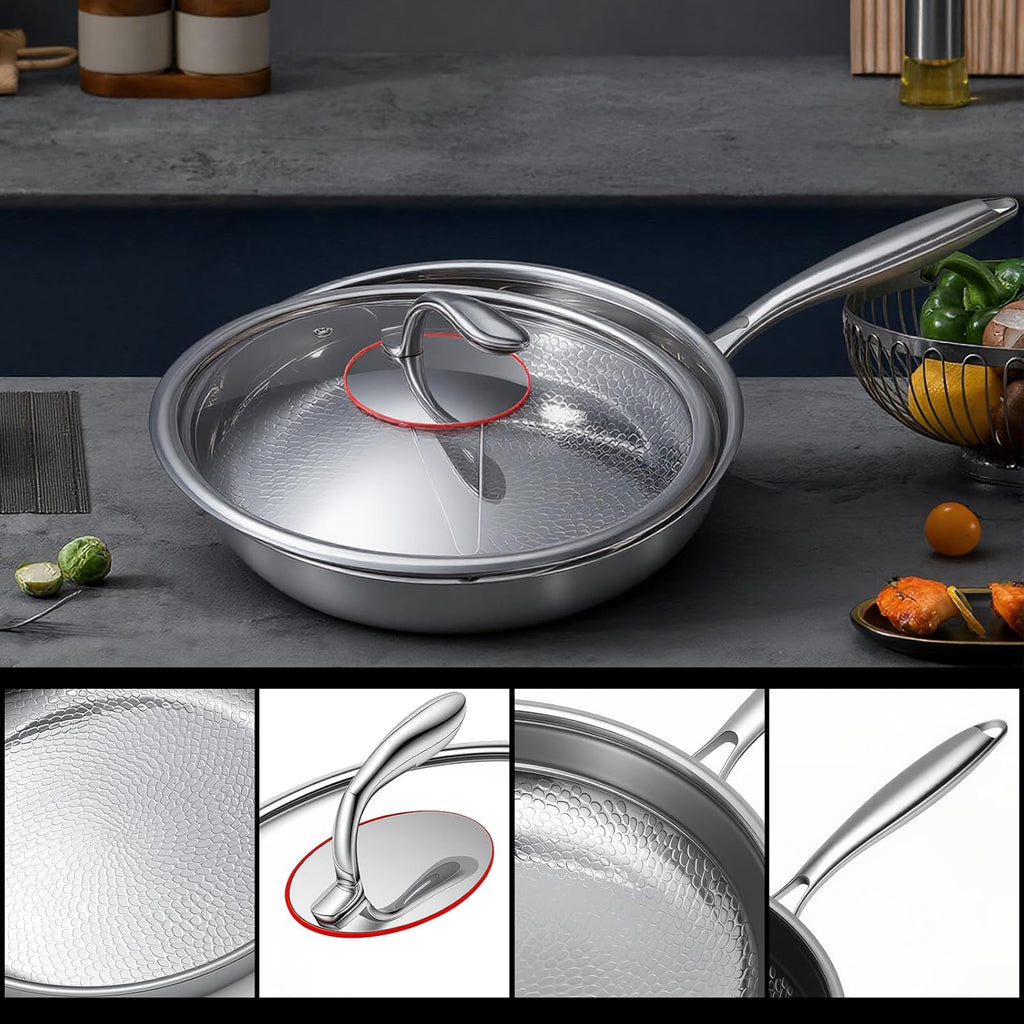 12 Inch Titanium Nonstick Frying Pan, 5-Layer Hammered Titanium-Alloy Skillet with Lid, PFOA/PFOS/Lead/Cadmium Free, Oven & Dishwasher Safe, Induction Cooktop Compatible