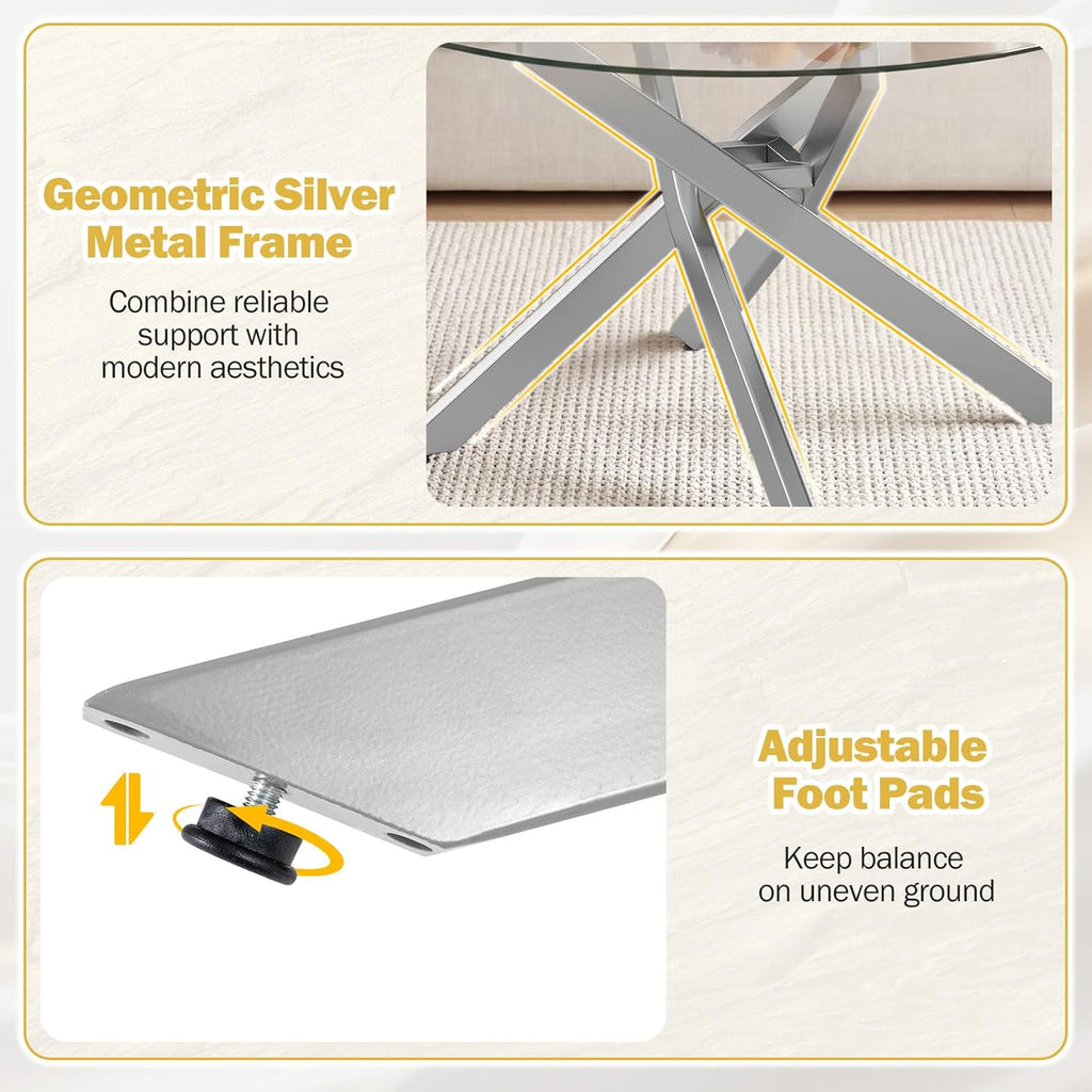 Giantex Round Glass Coffee Table, 31.5" Modern Center Table with Tempered Glass Top & Geometric Metal Frame, Clear Accent Cocktail Table, Small Coffee Table for Living Room, Small Spaces (Silver)