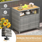 Tangkula Rattan Outdoor Storage Cabinet, Patiojoy Outdoor Cabinet with Acacia Wood Countertop, Open Compartment, 2-Door Wicker Sideboard, Outdoor Bar for Patio Garden Backyard Poolside (Mix Grey)