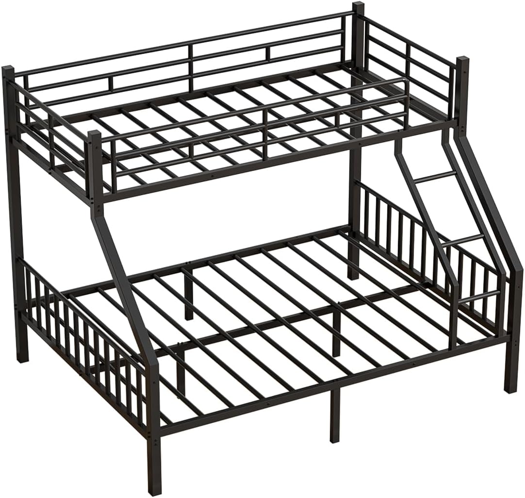 Twin XL Over Queen Bunk Bed, Heavy Duty Queen Bunk Bed for Adults, Metal Bed Frame with Full-Length Guardrails & EVA Padded Anti-Slip Ladder, No Box Spring Needed, Black