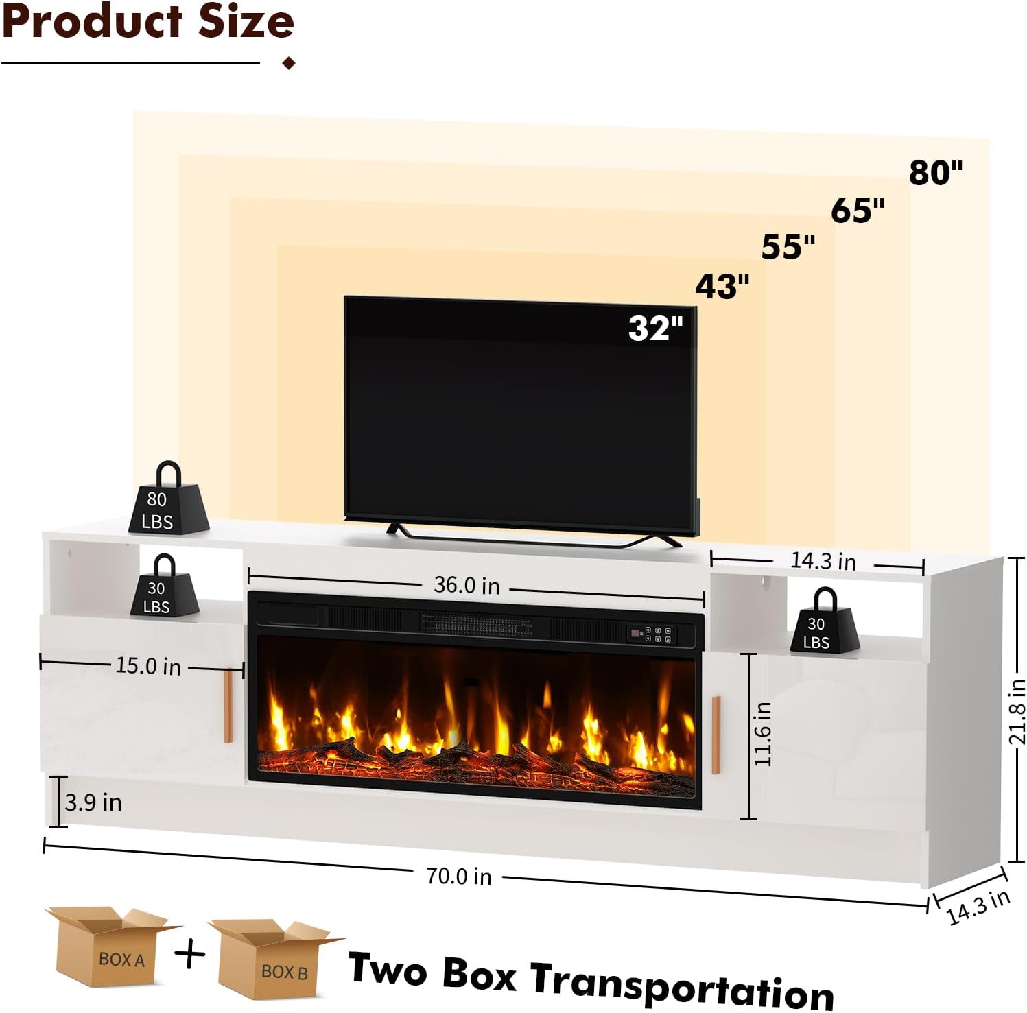 BREEZEHEAT TV Stand with Fireplace-Fireplace TV Stand for 75+ inch TV, LED Entertainment Center for Living Room w/ 36" Fireplace Inserts, TV Console with Cabinet, White