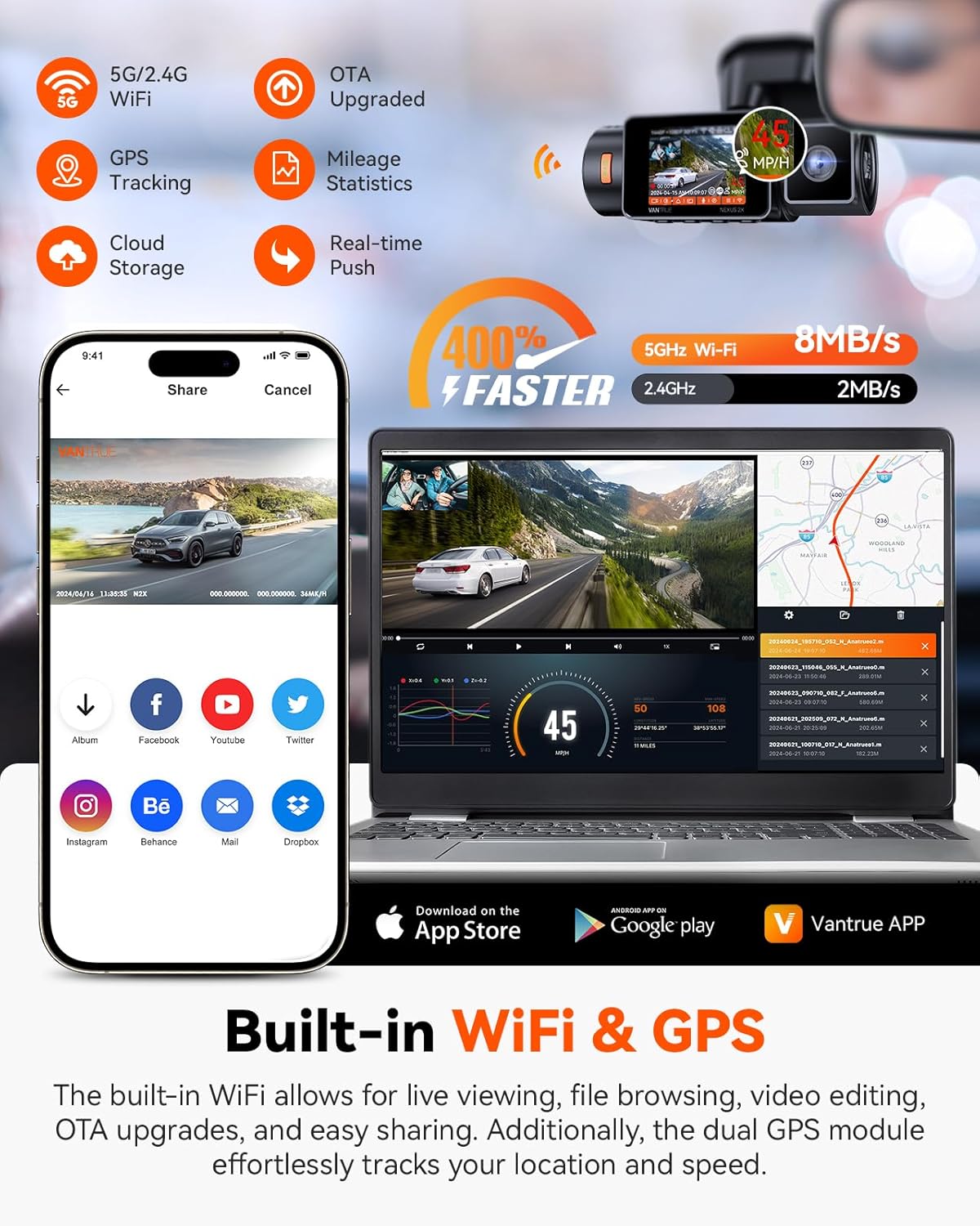 Vantrue N2X 2.7K Dash Cam Front and Inside  5G WiFi Dual Dash Camera for Car with HDR IR Night Vision  STARVIS 2  GPS  2.5K/60FPS  G-Sensor  24/7 Parking Mode  Voice Control  Support 512GB Max