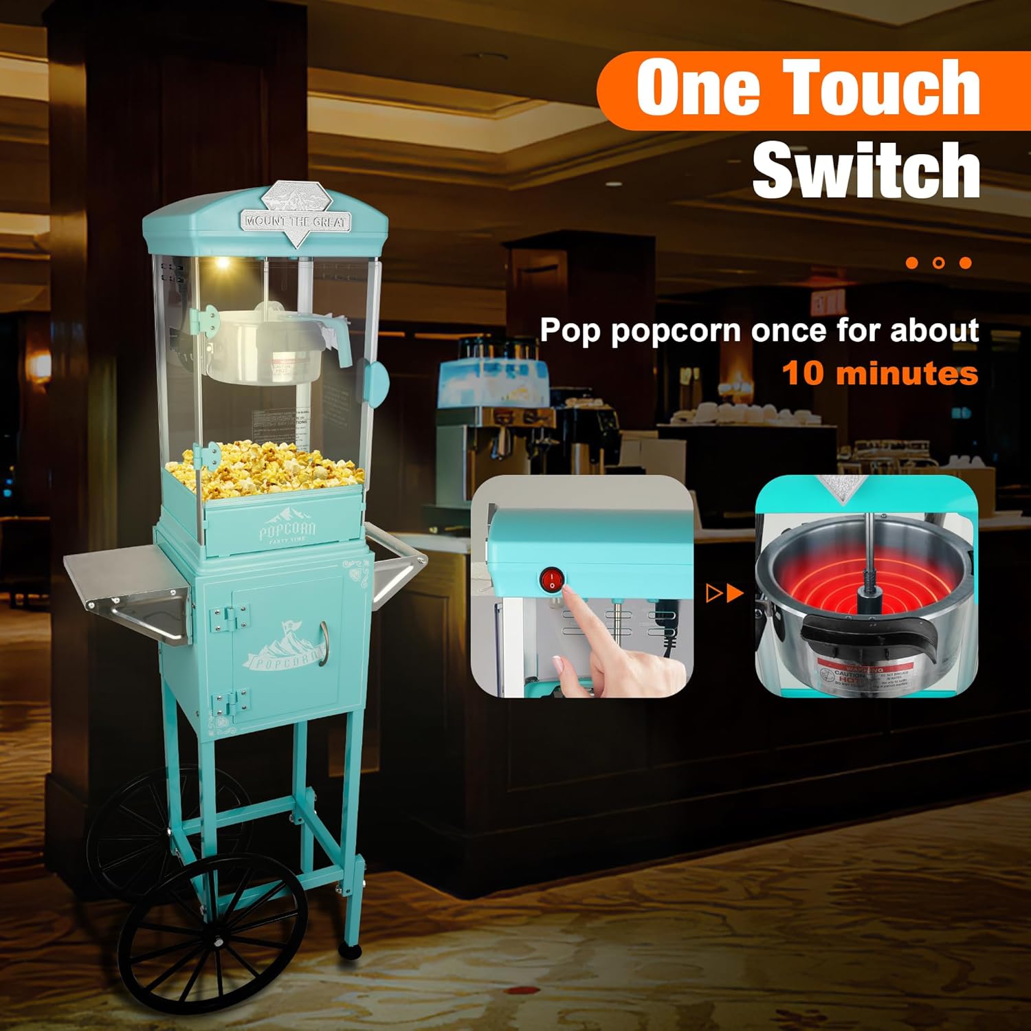 8 Oz Popcorn Machine with Cart (Cyan) - Vintage Popcorn Maker - One Touch Operation, Makes Up to 30 Cups for Movie Nights, Party, Events