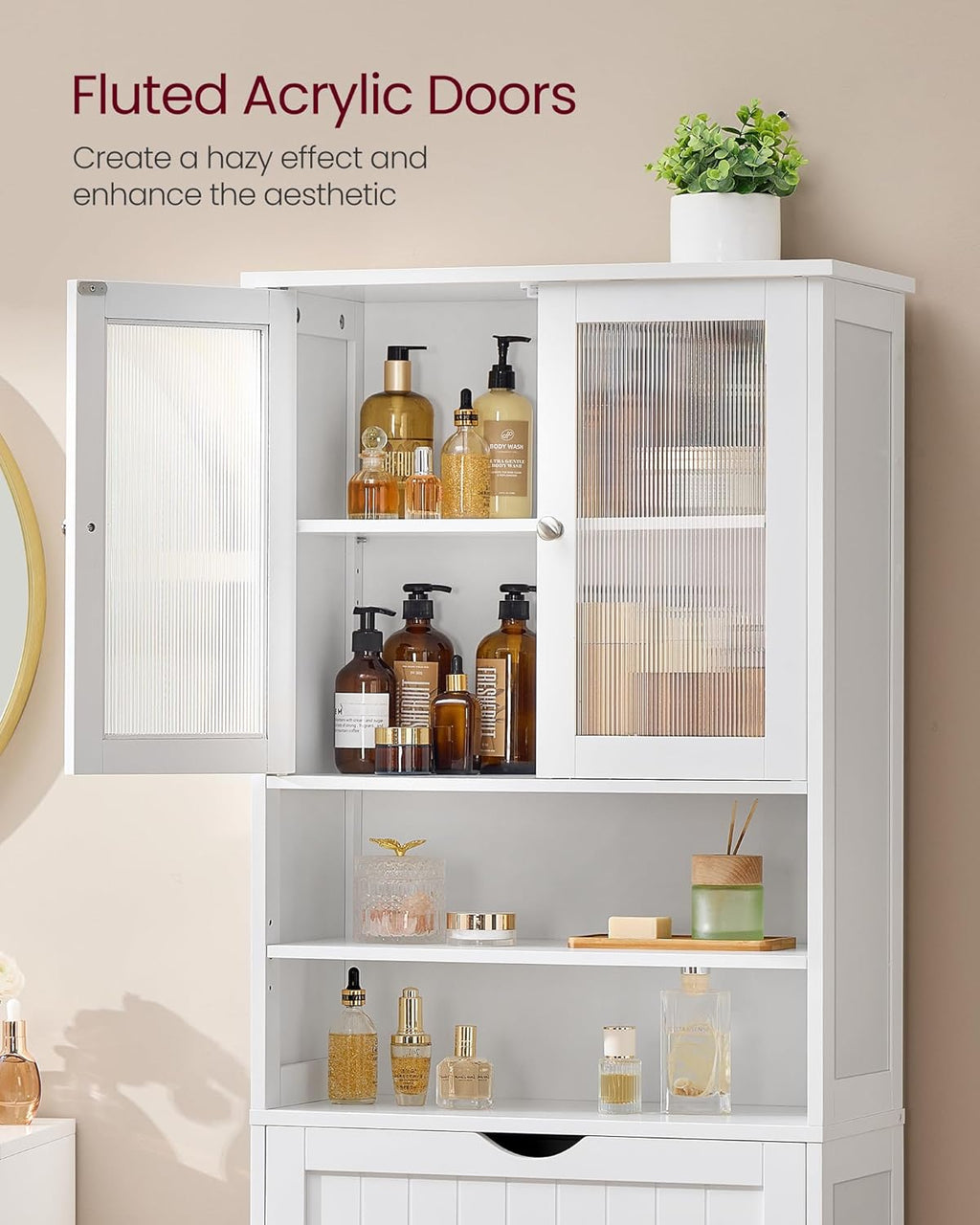 VASAGLE Storage Cabinet, Freestanding Storage Unit with Adjustable Shelves, Drawer, Open Compartments, for Bathroom, Living Room, Kitchen, Cloud White UBBC768WH01S