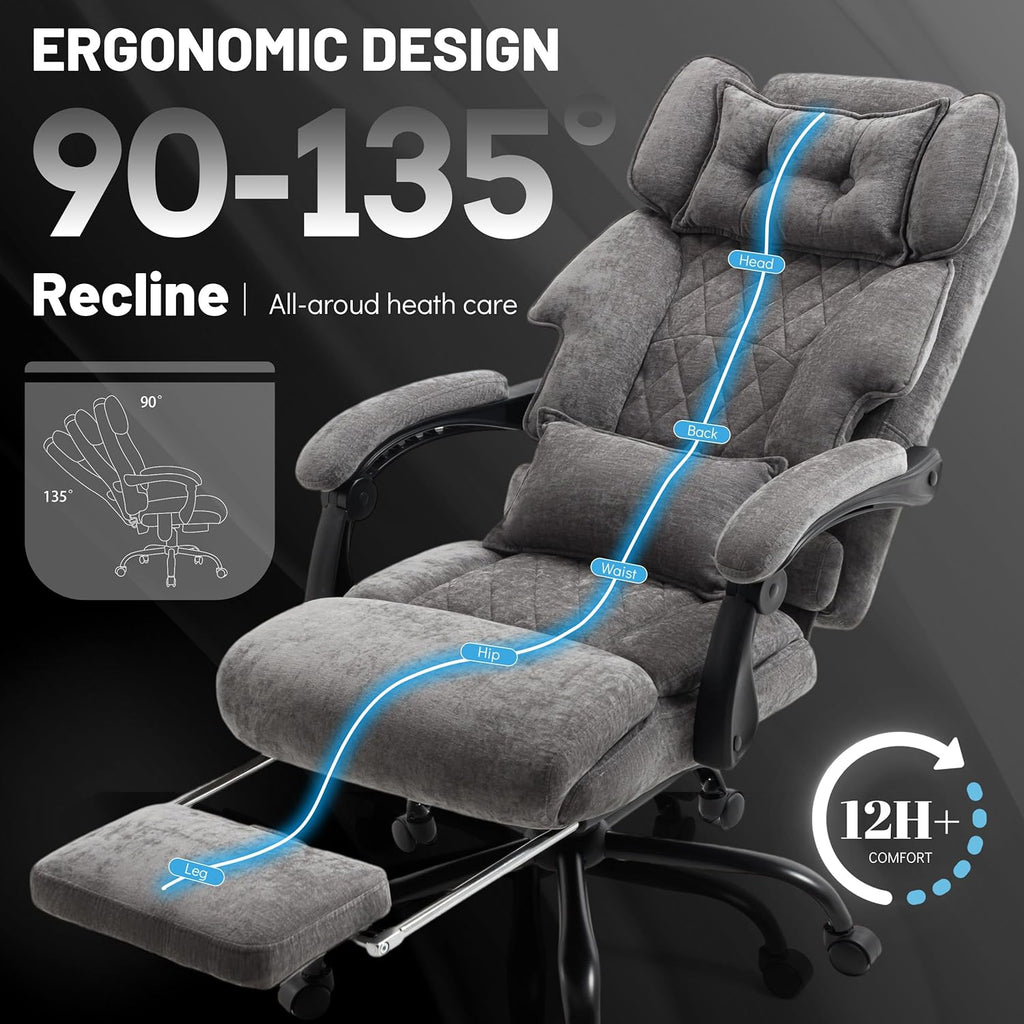 Massage Office Chair with Foot Rest,6 Points Vibration & Heat Executive Office Chairs for Heavy People,500LBS Big and Tall Office Chair,Ergonomic Reclining Desk Chair,Dual-Use Pillow,Grey