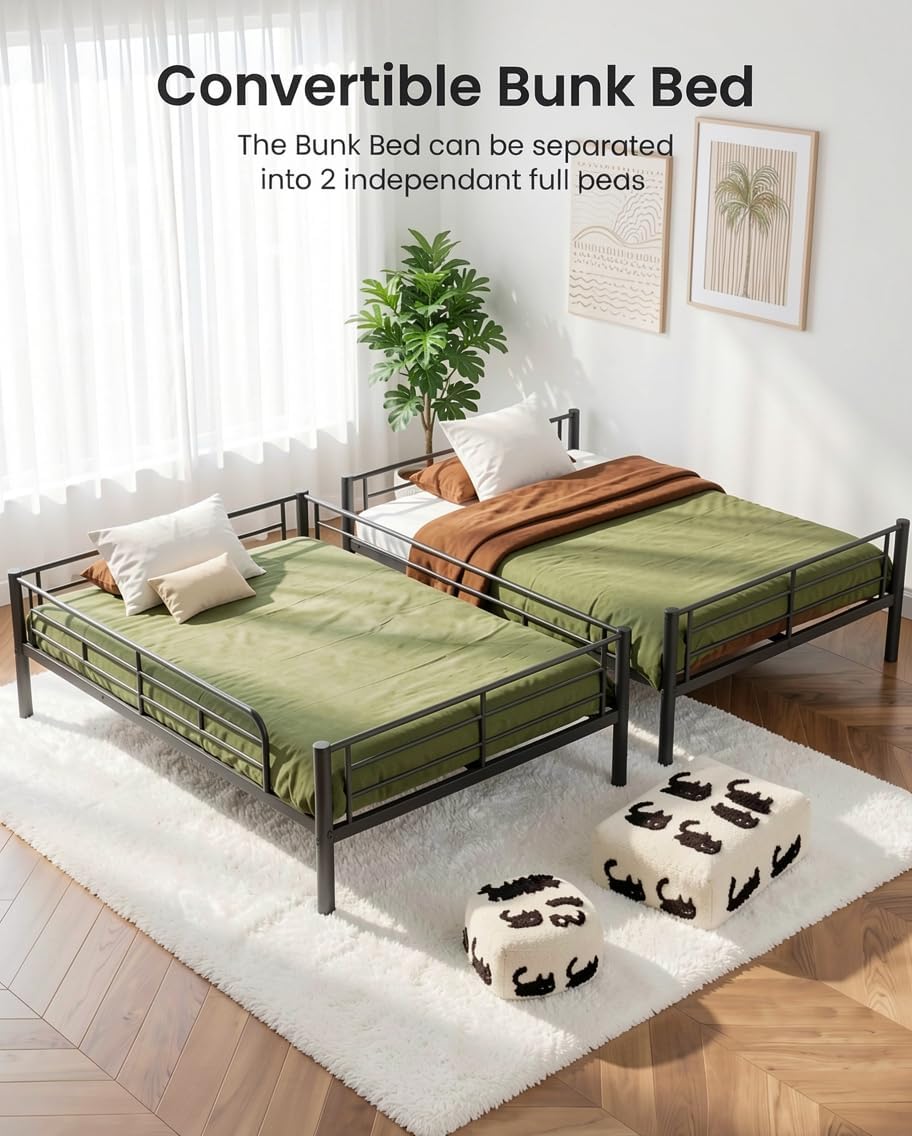 Full Over Full Bunk Bed, Convertible into 2 Full Beds, Heavy-Duty Metal Bed Frame with Safety Full-Length Guardrails & EVA Padded Ladder for Adults, Teens, Kids, No Box Spring Needed, Black