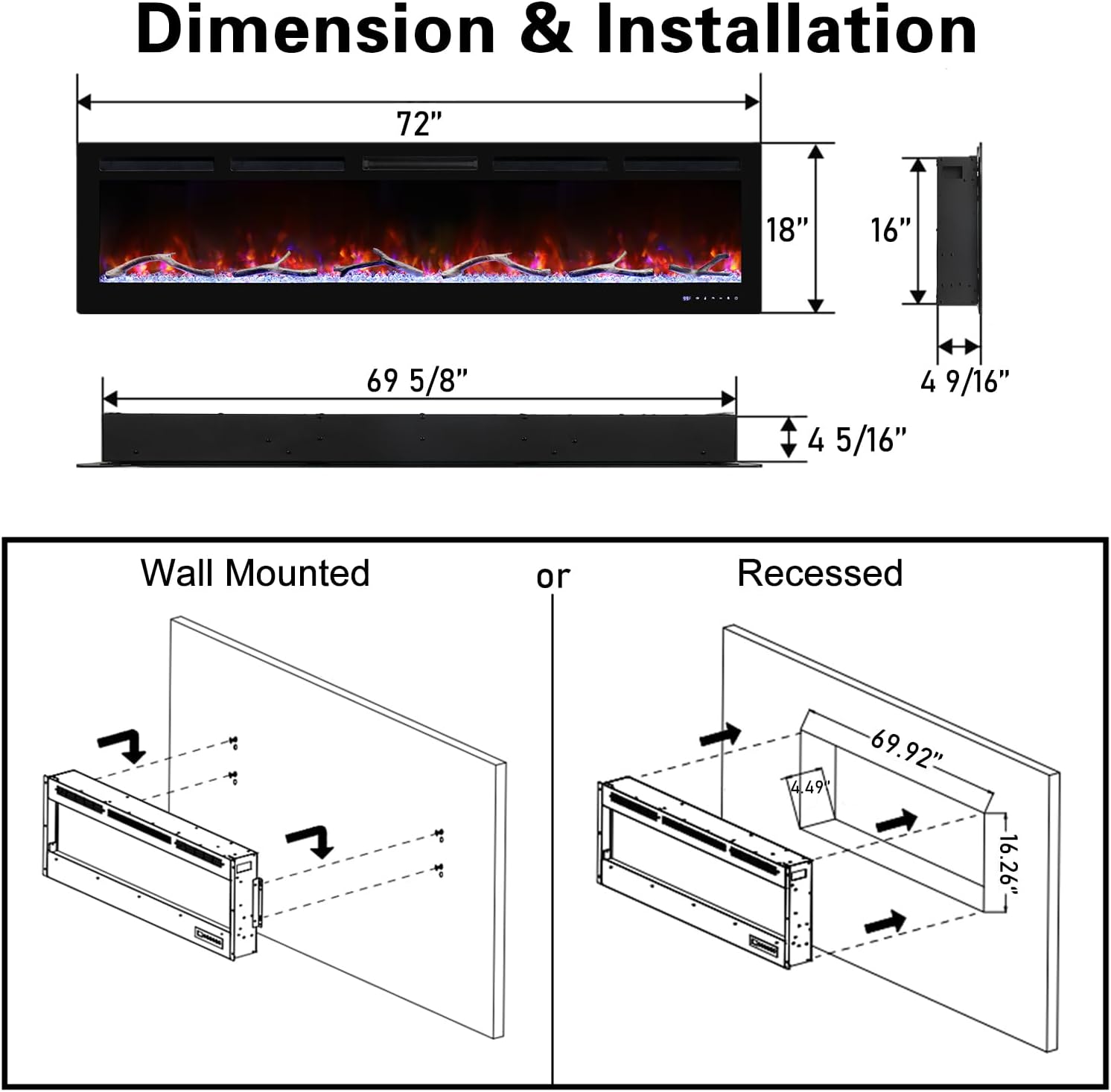 Cheerway 72'' Smart WiFi Electric Fireplace Heater, Wall Mounted & Recessed Electric Fireplace Insert w/Timer, Child Lock, Crackling Sound, App & Remote Control, Adjustable Flame,1500W