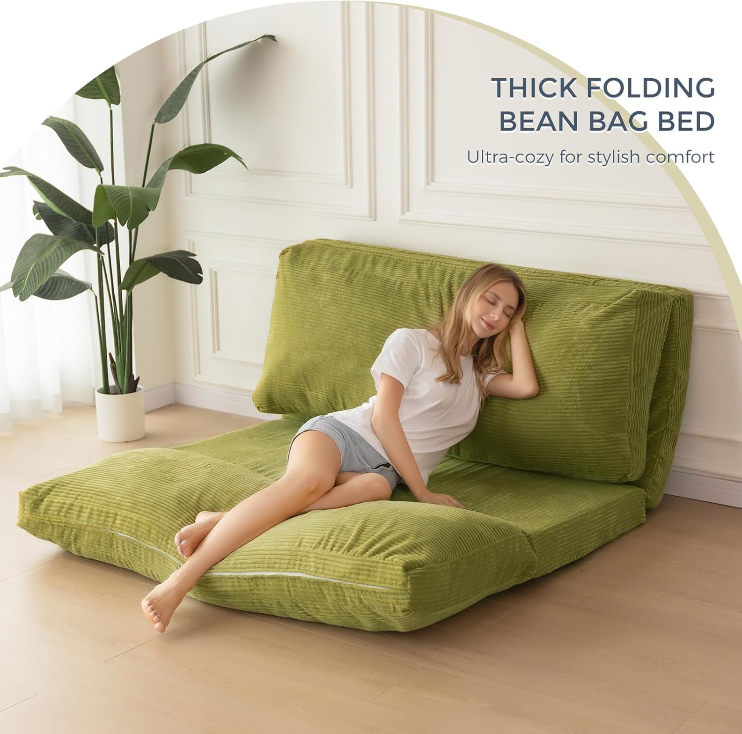 MAXYOYO Folding Sofa Bed, Extra Thick and Long Floor Sofa Convertible Sleeper Chair with Washable Cover, Floor Couch Lounge Bean Bag Bed for Living Room, Green, 30x95 Inch