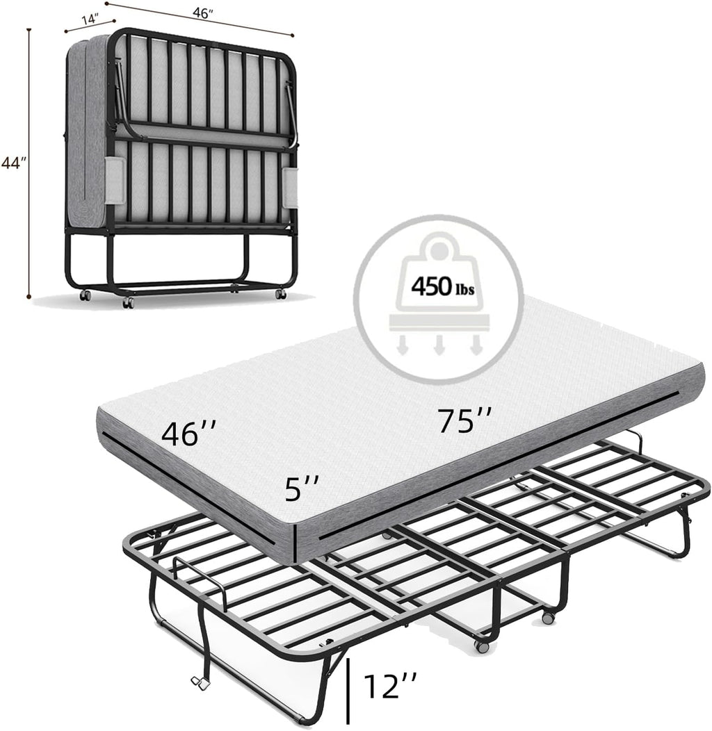 75''x46'' Folding Bed with Mattress for Adults, Large Size Rollaway Folded Bed for Hospital/School/Living Room, Sturdy Frame, Big Space, Comfortable Sleep