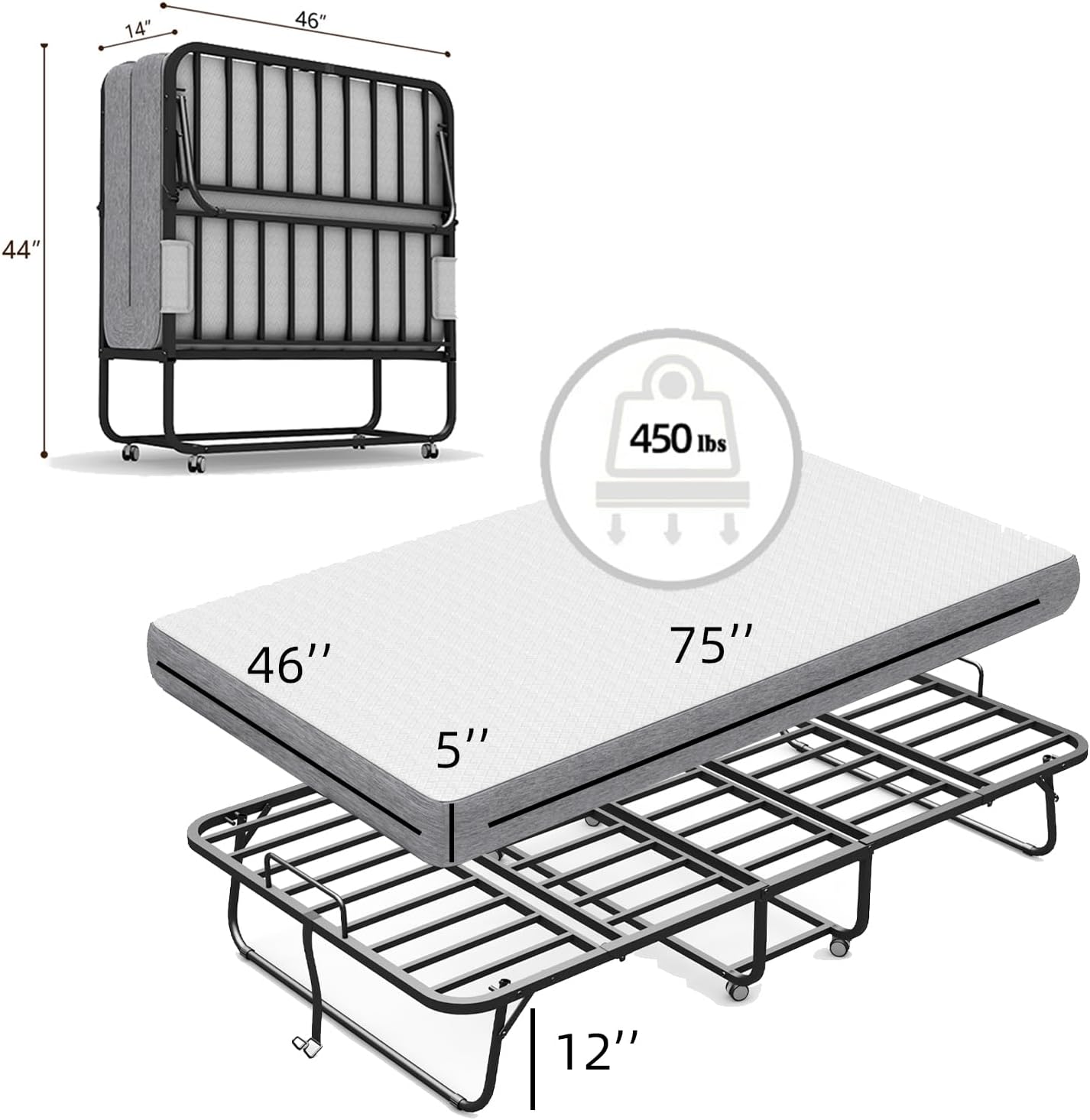 75''x46'' Folding Bed with Mattress for Adults, Large Size Rollaway Folded Bed for Hospital/School/Living Room, Sturdy Frame, Big Space, Comfortable Sleep