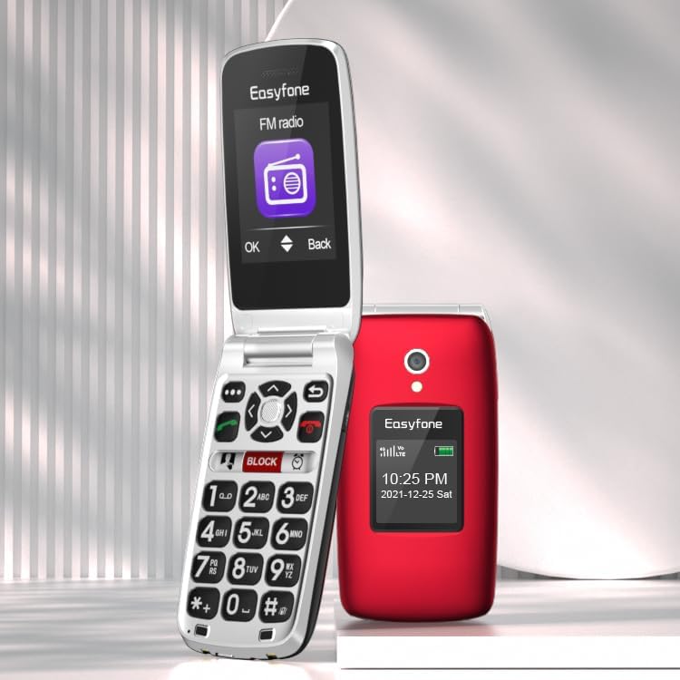Easyfone Prime-A1 Pro Unlocked 4G Flip Cell Phone for Seniors | Easy-to-Use | Big Buttons | Clear Sound | SOS & Block Button | Photo Speed Dial | SIM Card Included and Charging Dock (Red)