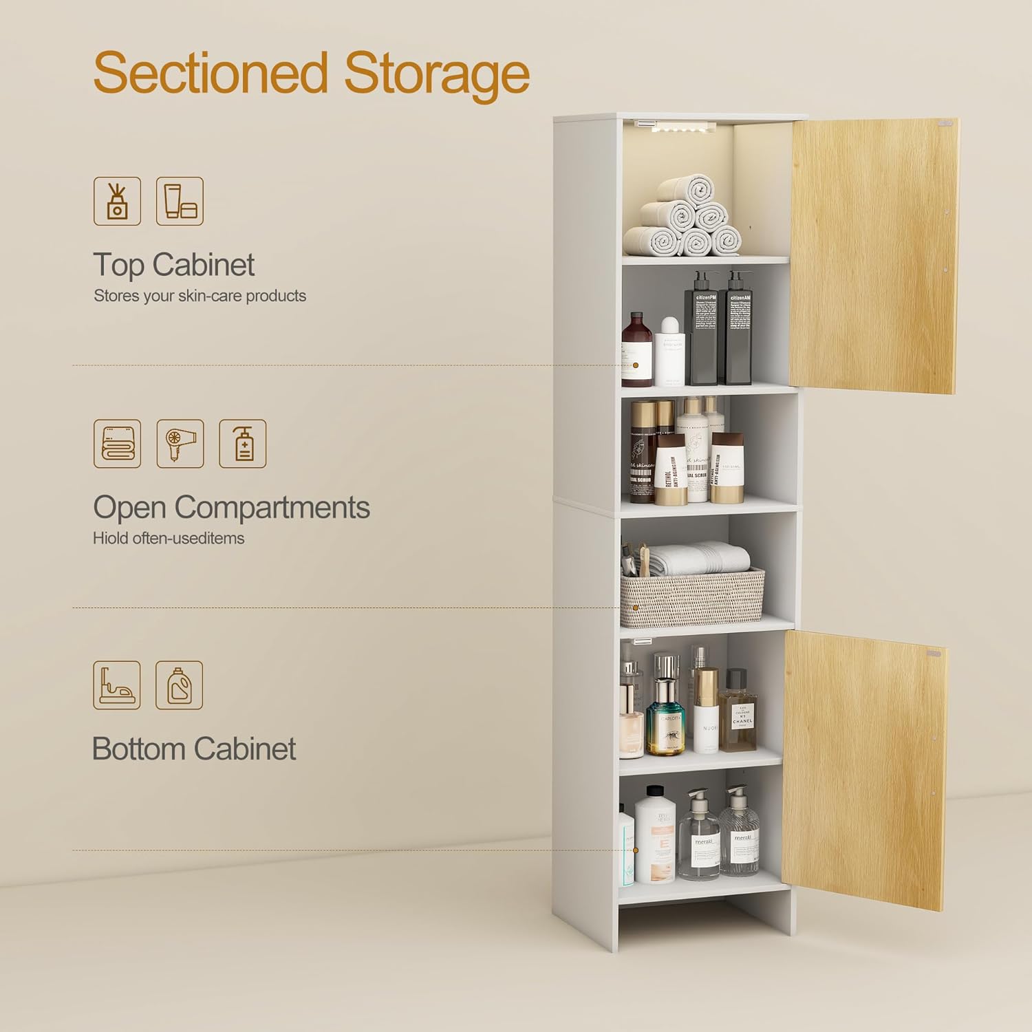 Tall Storage Cabinet, 13.15 Inch Narrow Bathroom Cabinet with USB Magnetic Light, Open Shelf, Magnetic Doors, 2 Adjustable Shelves, Anti-Tip Kit for Small Spaces, Living Room, White, 57.1" H