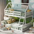 KOMFOTT Wood Twin Over Full House Bunk Bed with Built in Ladder, Solid Pine Wood Bunk Bed Frame with Safety Guardrails, House Bunk Bed Frame for Kids, Teens, Juniors, No Box Spring Needed (White)