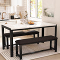 Dining Room Table Set with 2 Benches, Dining Table Set for 4-6, Dinner Table Set for 4, Faux Marble Breakfast Table Set & PU Leather Upholstered Benches for Small Spaces, Apartment, White
