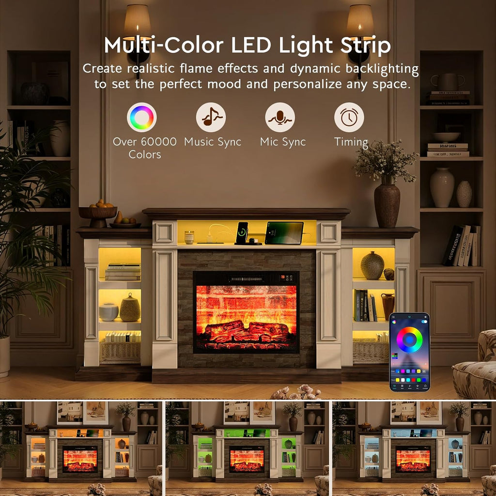 72'' Fireplace TV Stand with Outlet & LED, Electric Fireplace with Mantel, Entertainment Center with Storage for TVs Up to 80 Inch, 23'' Fireplace Heater Insert with 3D Flame Effect for Living Room