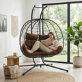 Double Hanging Egg Chair with Stand, 2 Person Oversized Patio Hammock Swing Chair with Plush Cushion and Headrest, Heavy Duty Wicker Loveseat for Indoor, Outdoor, Bedroom, Balcony, Garden (Brown)