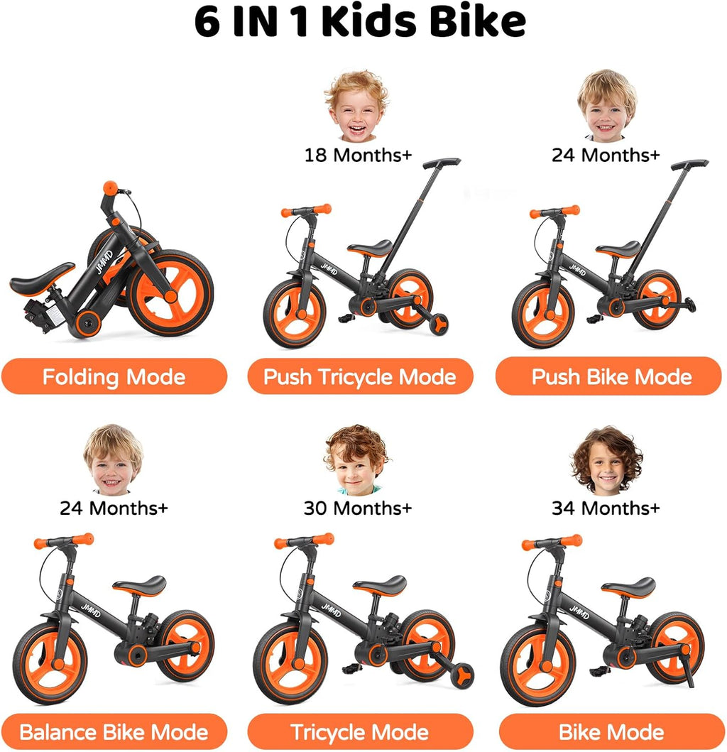 JMMD 6 in 1 Toddler Bike with Push Handle for Kids 18-60 Months, 12" Foldable Balance Bike with Training Wheels, Pedals, Brakes, Kickstand, Push Tricycle Toddler Gift & Toys for Boy & Girl