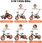 JMMD 6 in 1 Toddler Bike with Push Handle for Kids 18-60 Months, 12" Foldable Balance Bike with Training Wheels, Pedals, Brakes, Kickstand, Push Tricycle Toddler Gift & Toys for Boy & Girl