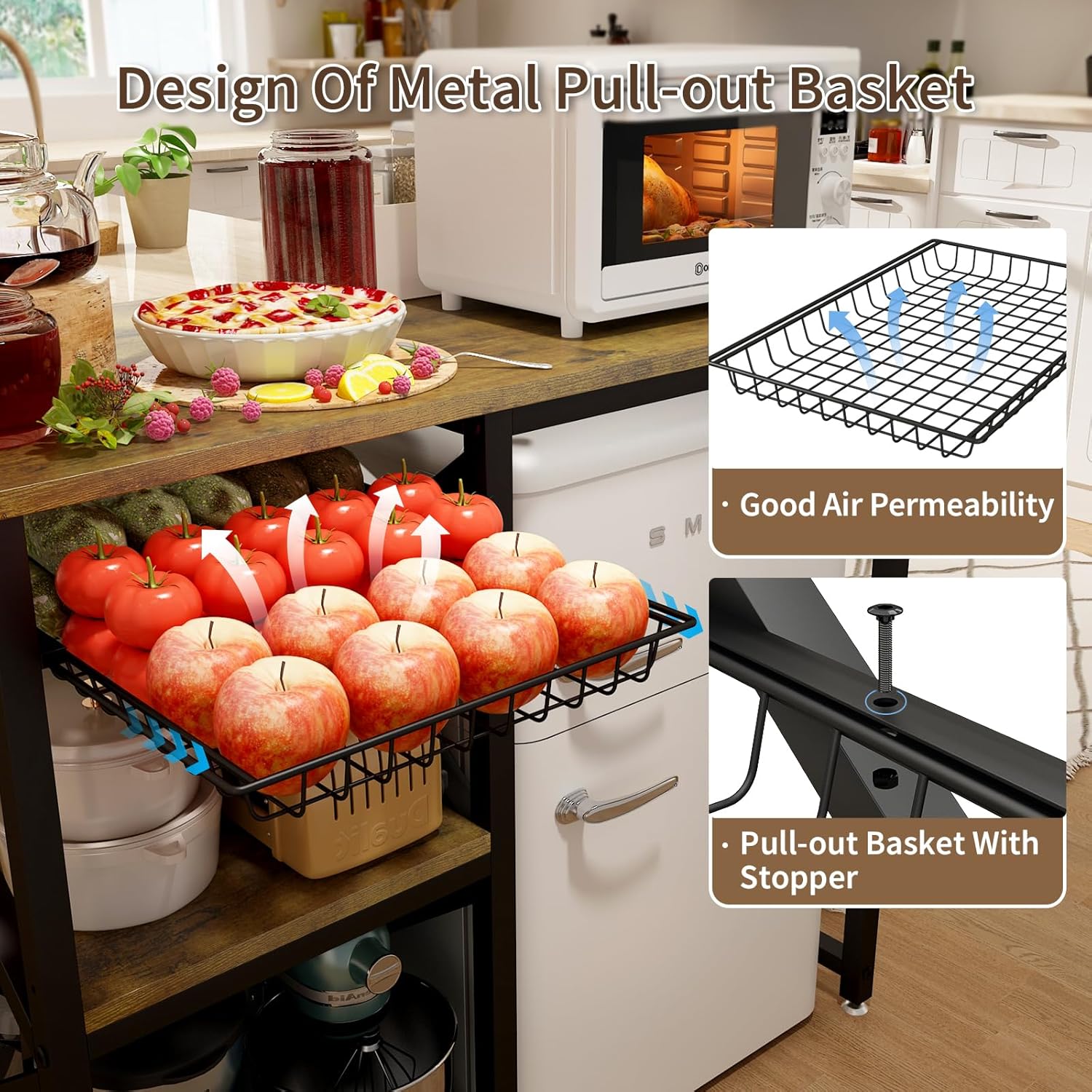 METYERRY Kitchen Bakers Rack with Power Outlet,Mini Fridge Cabinet with Mesh Basket, Mini Fridge and Microwave Table with Storage for Office,Kitchen,Living Room,Coffee Bar,Patio,Brown