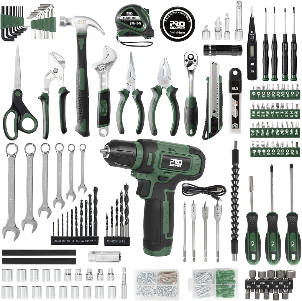 Prostormer Tool Set with 8V Cordless Drill, 369-Piece Home Tool Kit with Drill Driver, Toolbox Storage Case with Drawer, General Household Tools for Home Repairs and DIY, Handyman (Green)
