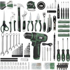 Prostormer Tool Set with 8V Cordless Drill, 369-Piece Home Tool Kit with Drill Driver, Toolbox Storage Case with Drawer, General Household Tools for Home Repairs and DIY, Handyman (Green)