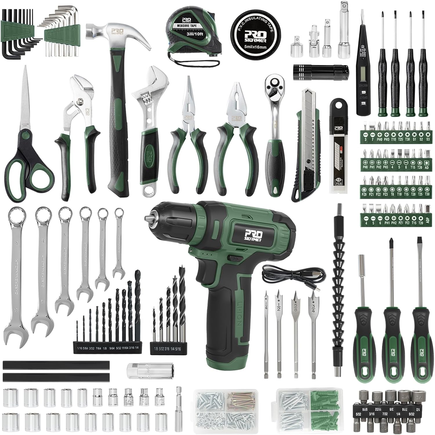 Prostormer Tool Set with 8V Cordless Drill, 369-Piece Home Tool Kit with Drill Driver, Toolbox Storage Case with Drawer, General Household Tools for Home Repairs and DIY, Handyman (Green)