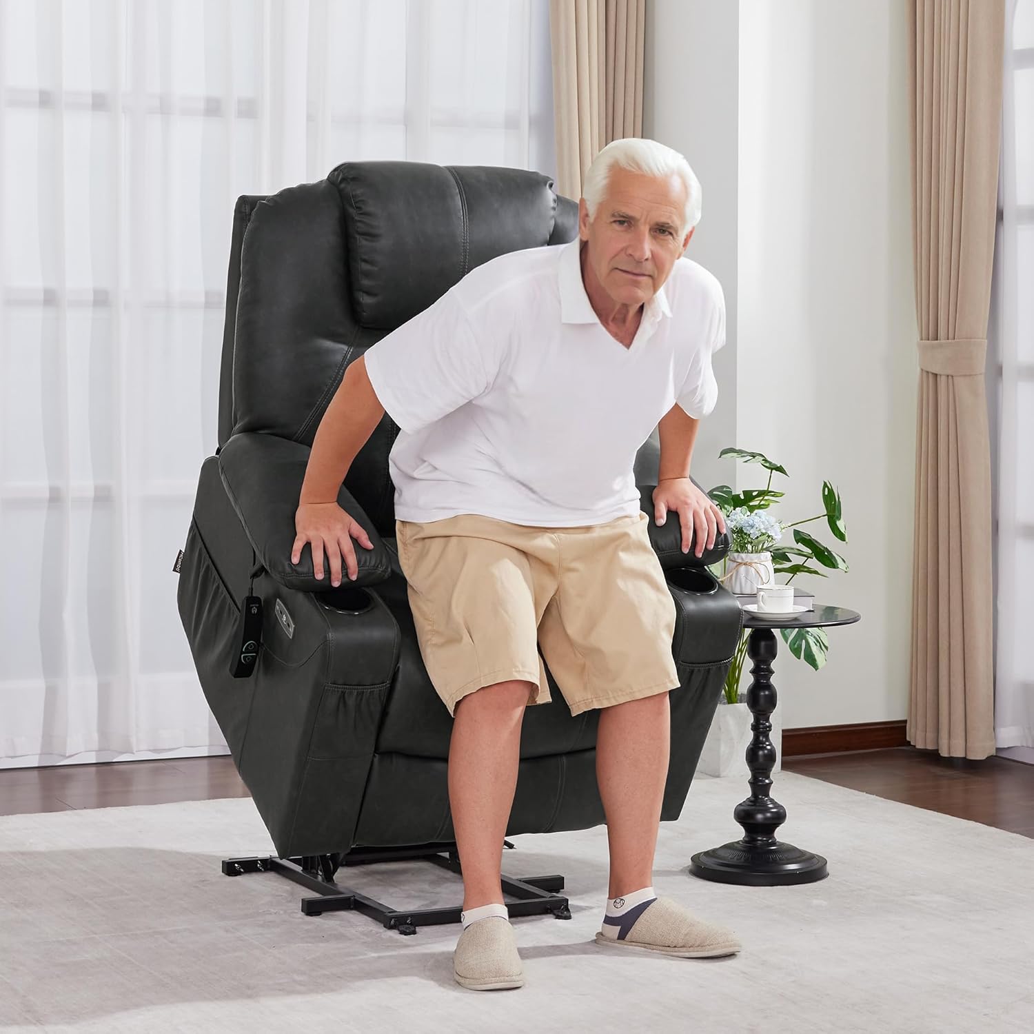 MCombo Electric Power Lift Recliner Chair Sofa with Massage and Heat for Elderly, 3 Positions, 2 Side Pockets, and Cup Holders, USB Ports, Faux Leather 7040 (Grey, Medium)