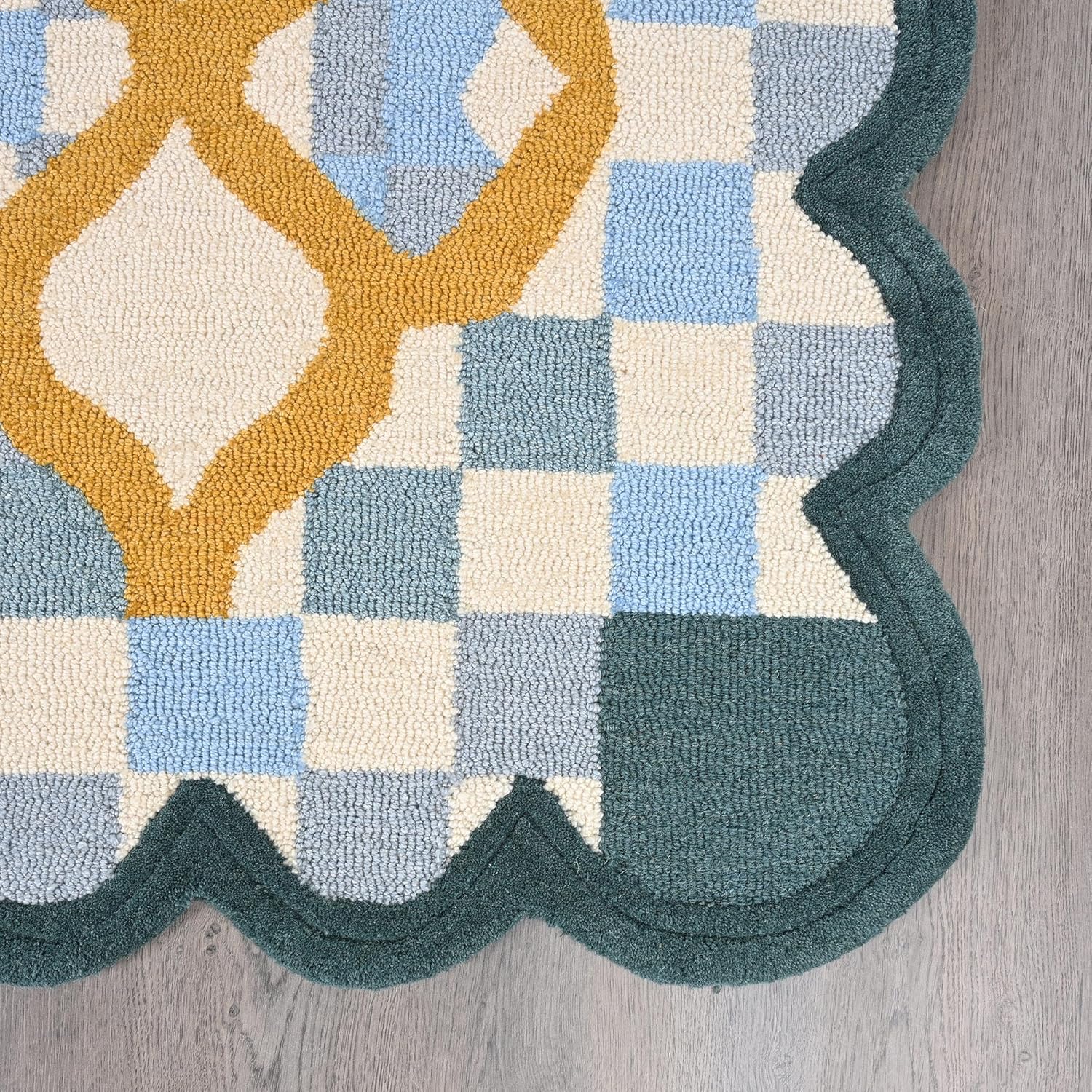 Hand-Tufted Wool Rug with Scalloped Edges | Checkered Light Blue Plaid Pattern Yellow Motif | Cozy Soft Area Rugs Carpet for Living Room, Bedroom, Nursery (Light Blue, Mustard Yellow, 5' x 8')